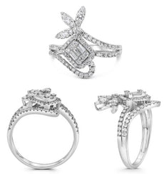 .74CT DIAMOND 14K WHITE GOLD ROUND & BAGUETTE SQUARE FLOWER CRISS CROSS FUN RING