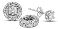 LARGE 1.13CT DIAMOND 14K WHITE GOLD SOLITAIRE 3 ROW HALO STUD JACKET EARRING SET