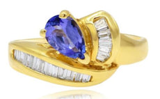 1.0CT DIAMOND & AAA TANZANITE 14K YELLOW GOLD 3D PEAR SHAPE & BAGUETTE LOVE RING