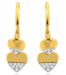 .07CT DIAMOND 14KT YELLOW GOLD 3D DOUBLE HEART LOVE LEVERBACK HANGING EARRINGS