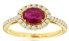 1.23CT DIAMOND & AAA RUBY 14KT YELLOW GOLD OVAL & ROUND SIDEWAY ENGAGEMENT RING