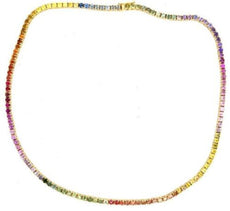 15.78CT AAA MULTI COLOR SAPPHIRE 18KT YELLOW GOLD ROUND RAINBOW TENNIS NECKLACE