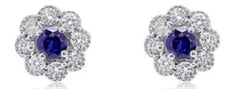 ESTATE .68CT DIAMOND & AAA SAPPHIRE 14K WHITE GOLD FLOWER FILIGREE STUD EARRINGS