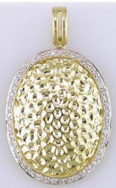 .23CT DIAMOND 18K 2 TONE GOLD 3D ROUND HAMMERED DESIGN OVAL FUN FLOATING PENDANT