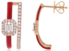 .53CT DIAMOND & RED ENAMEL 14K ROSE GOLD 3D ROUND & BAGUETTE DOUBLE BAR EARRINGS