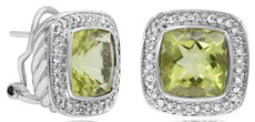 8.14CT DIAMOND & AAA LEMON QUARTZ 14KT WHITE GOLD 3D CUSHION & ROUND EARRINGS