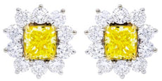 LARGE 3.15CT WHITE & FANCY YELLOW DIAMOND 18KT 2 TONE GOLD SQUARE STUD EARRINGS