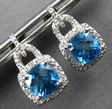 2.07CT DIAMOND & AAA BLUE TOPAZ 14KT WHITE GOLD CUSHION & ROUND HANGING EARRINGS