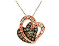 .35CT WHITE & CHOCOLATE FANCY DIAMOND 14K ROSE GOLD 3D DOUBLE HEART LOVE PENDANT
