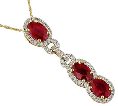 1.82CT DIAMOND & AAA RUBY 14KT YELLOW GOLD OVAL & ROUND FLOWER 3 STONE PENDANT