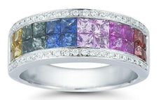 2.55CT DIAMOND & AAA MULTI COLOR SAPPHIRE 14KT WHITE GOLD PRINCESS TWO ROW RING