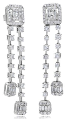 LARGE 2.09CT DIAMOND 18K WHITE GOLD ROUND & BAGUETTE BY THE YARD SQUARE EARRINGS