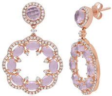 5.03CT DIAMOND & AAA ROSE QUARTZ 14K ROSE GOLD 3D OVAL & ROUND OPEN FUN EARRINGS