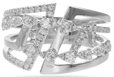 .49CT DIAMOND 14KT WHITE GOLD ROUND & PEAR SHAPE MULTI ROW CRISS CROSS FUN RING