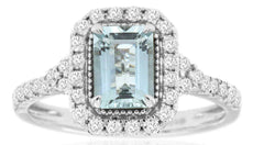 1.30CT DIAMOND & AAA AQUAMARINE 14KT WHITE GOLD 3D HALO FILIGREE ENGAGEMENT RING