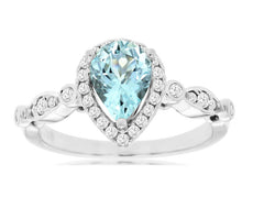 1.15CT DIAMOND & AAA AQUAMARINE 14KT WHITE GOLD PEAR SHAPE HALO FRIENDSHIP RING