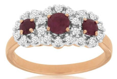.90CT DIAMOND & AAA RUBY 14KT ROSE GOLD ROUND 3 STONE FLOWER ANNIVERSARY RING