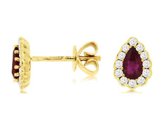 .65CT DIAMOND & AAA RUBY 14KT YELLOW GOLD 3D PEAR SHAPE & ROUND STUD EARRINGS