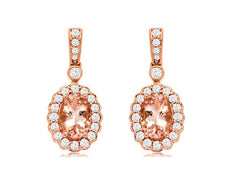 1.13CT DIAMOND & AAA MORGANITE 14KT ROSE GOLD 3D OVAL & ROUND HANGING EARRINGS