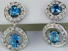 2.13CT DIAMOND & AAA BLUE TOPAZ 14KT WHITE GOLD 3D OVAL & ROUND HANGING EARRINGS