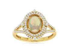 1.23CT DIAMOND & AAA OPAL 14KT YELLOW GOLD OVAL & ROUND DOUBLE HALO FLOWER RING