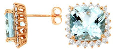 LARGE 7.65CT DIAMOND & AAA AQUAMARINE 14K ROSE GOLD CUSHION SQUARE STUD EARRINGS