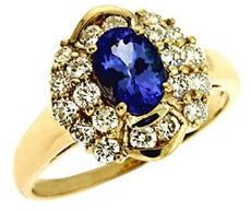 1.58CT DIAMOND & AAA TANZANITE 14KT YELLOW GOLD 3D OVAL & ROUND FLOWER LOVE RING