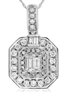 .42CT DIAMOND 14KT WHITE GOLD ROUND & BAGUETTE CLUSTER OCTAGON FLOATING PENDANT