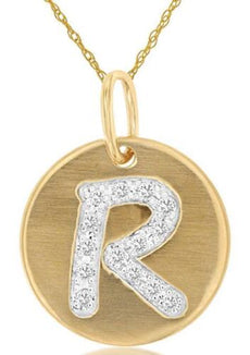 .07CT DIAMOND 14KT YELLOW GOLD LETTER R INITIAL MATTE & SHINY FLOATING PENDANT
