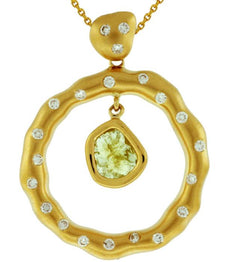 .73CT WHITE & GREEN DIAMOND 14KT YELLOW GOLD 3D CIRCULAR FUN FLOATING PENDANT