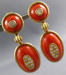 ANTIQUE EXTRA LARGE 1.20CT DIAMOND & AAA CORAL 18KT YELLOW GOLD EARRINGS #27217