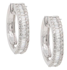 .88CT DIAMOND 14KT WHITE GOLD 3D ROUND & BAGUETTE HUGGIE HOOP HANGING EARRINGS