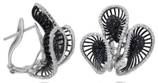 LARGE 2.75CT WHITE & BLACK DIAMOND 18K WHITE GOLD 3D MULTI LEAF CLIP ON EARRINGS