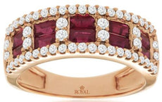 2CT DIAMOND & AAA RUBY 14K ROSE GOLD BAGUETTE & ROUND MULTI ROW ANNIVERSARY RING