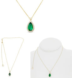 2.16CT DIAMOND & AAA EMERALD 18K YELLOW GOLD 3D PEAR SHAPE & ROUND HALO NECKLACE