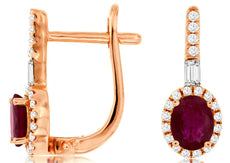 1.02CT DIAMOND & AAA RUBY 14KT ROSE GOLD OVAL ROUND & BAGUETTE HANGING EARRINGS