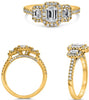 1.18CT DIAMOND 18KT YELLOW GOLD 3D ROUND & BAGUETTE 3 STONE HALO ENGAGEMENT RING