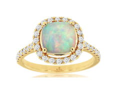 2.0CT DIAMOND & AAA OPAL 14KT YELLOW GOLD CUSHION & ROUND SQUARE HALO LOVE RING