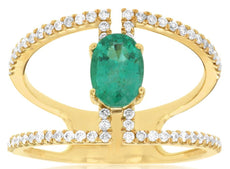 1.05CT DIAMOND & AAA EMERALD 14KT YELLOW GOLD 3D OVAL & ROUND TENSION FUN RING