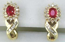1.28CT DIAMOND & AAA RUBY 14K YELLOW GOLD OVAL ROUND & BAGUETTE HANGING EARRINGS