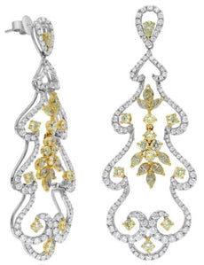 LARGE 5.09CT WHITE & FANCY YELLOW DIAMOND 18K 2 TONE GOLD 3D CHANDELIER EARRINGS