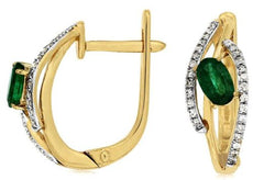 .66CT DIAMOND & AAA EMERALD 14K 2 TONE GOLD OVAL LEAF LEVERBACK HANGING EARRINGS