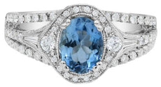 1.77CT DIAMOND & AAA AQUAMARINE 18K WHITE GOLD OVAL ROUND & BAGUETTE FLORAL RING