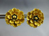 ANTIQUE 18KT YELLOW GOLD BLACK ENAMEL 3D HANDCRAFTED FLOWER STUD EARRINGS