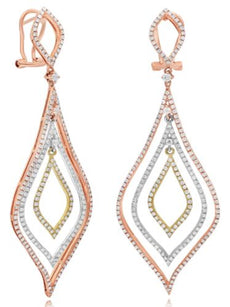 LARGE 2.03CT DIAMOND 14KT TRI COLOR GOLD 3D TRIPLE TEAR DROP HANGING EARRINGS