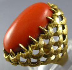 ANTIQUE LARGE AAA CORAL 18K YELLOW GOLD 3D CLASSIC OVAL LOVE KNOT FUN RING 26884