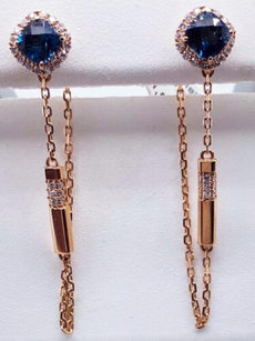 1.89CT DIAMOND & AAA LONDON BLUE TOPAZ 18K ROSE GOLD 3D SQUARE HANGING EARRINGS