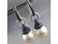 ESTATE LARGE 1.57CT DIAMOND & AAA SAPPHIRE & SOUTH SEA PEARL 18K WHITE GOLD 3D EARRINGS