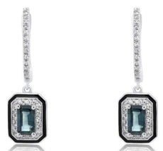 1CT DIAMOND & AAA SAPPHIRE 14KT WHITE GOLD EMERALD CUT & ROUND HANGING EARRINGS