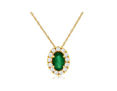 .32CT DIAMOND & AAA EMERALD 14KT YELLOW GOLD OVAL FLOWER HALO FLOATING PENDANT
